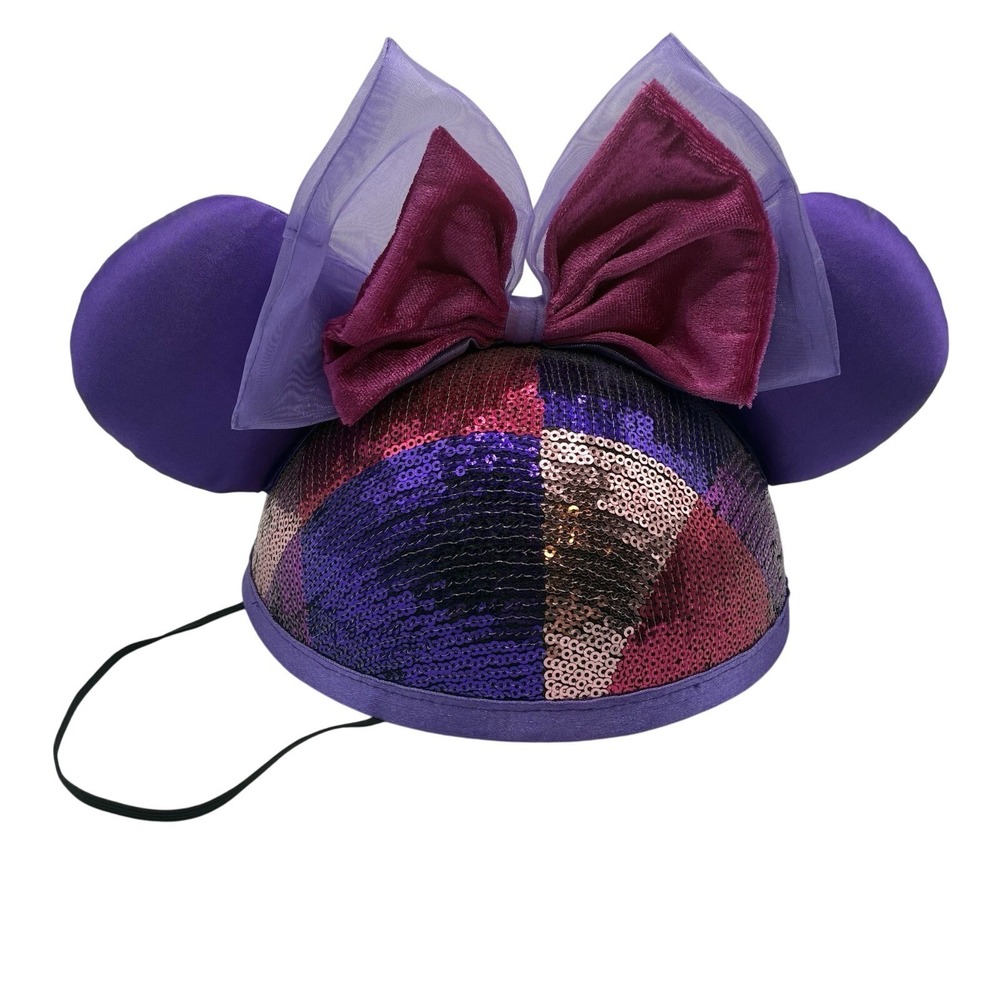 Disney Parks Purple and Pink Sequin Minnie Mouse Ear Hat Cap with Bow Chin Strap
